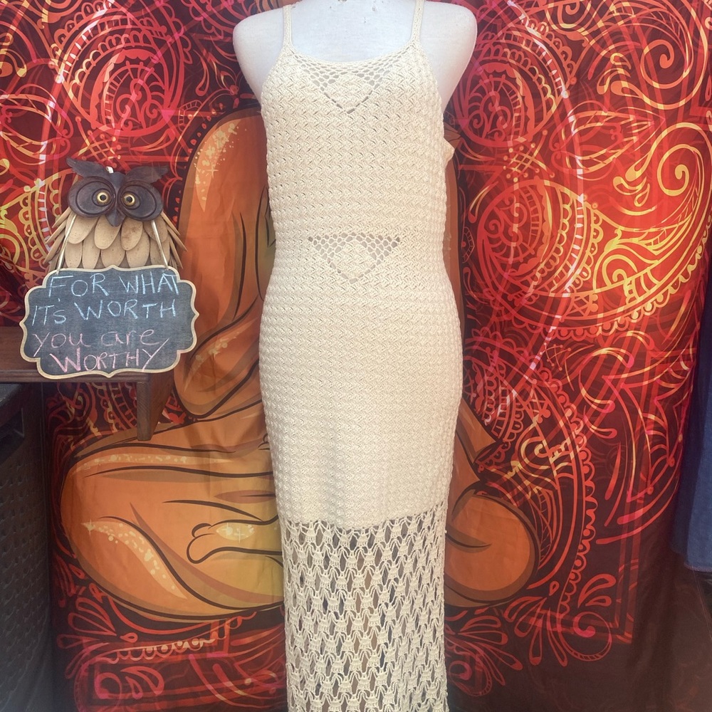 Handmade Bohemian Cream Mermaid Crochet Maxi Dress – Size M/L